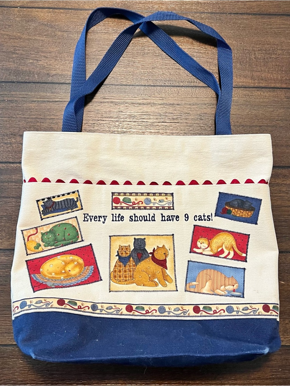 Canvas Cat Tote Bag - Blue & Cream